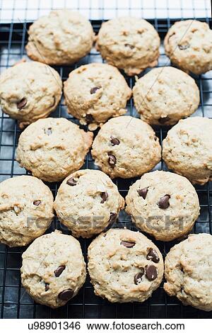 Stock Photograph - Chocolate chip cookies cooling on rack. Fotosearch