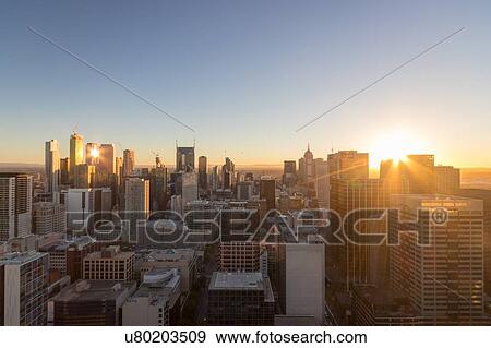 Stock Photo - Cityscape at sunset, Melbourne, Victoria, Australia. Fotosearch