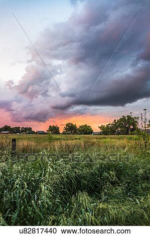Stock Image - Cloudscape over grassy rural landscape, Montana, US. Fotosearch