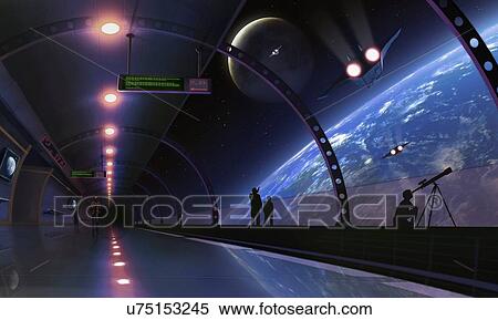 Stock Photography - Conceptual illustration of a space station, terminal or habitat in Earth orbit in the future. People are seen pointing outside, and one of them is using a telescope.. Fotosearch