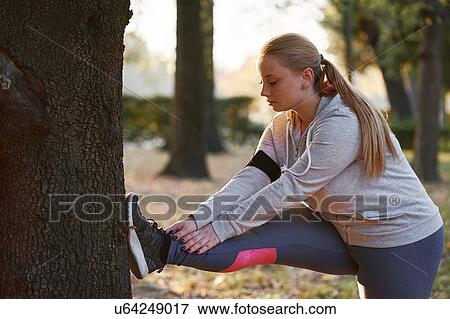 Curvaceous young woman training in park, touching toes against tree trunk View Large Photo Image Stock Photo - Curvaceous young woman training in park, touching toes against tree trunk. Fotosearch