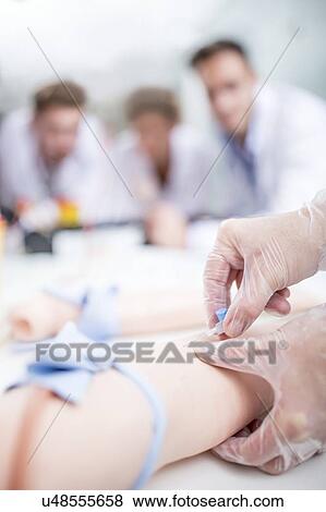 Stock Photo - Doctor practising inserting an IV (intravenous) line on a training dummy.. Fotosearch