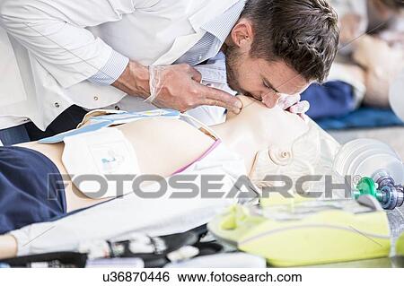 Doctor practising rescue breaths on a CPR training dummy. View Large Photo Image Stock Photograph - Doctor practising rescue breaths on a CPR training dummy.. Fotosearch