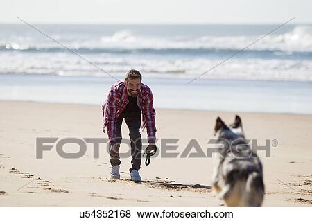 Stock Photo - Dog running to male owner on beach. Fotosearch