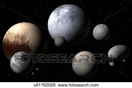 Dwarf planets and moons, illustration. A dwarf planet is a planetary mass object orbiting the Sun that is not a true planet. They are massive enough for their self-gravities to crush them into spheres, but they have not cleared the neighborhood of... View Large Photo Image Stock Photo - Dwarf planets and moons, illustration. A dwarf planet is a planetary mass object orbiting the Sun that is not a true planet. They are massive enough for their self-gravities to crush them into spheres, but they have not cleared the neighborhood of.... Fotosearch