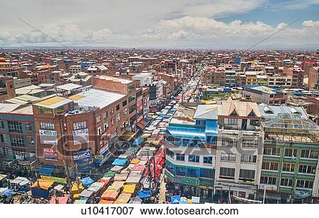 Stock Photo - Elevated view of city streets, El Alto, La Paz, Bolivia, South America. Fotosearch
