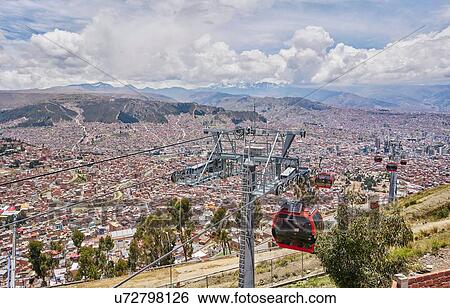 Stock Photograph - Elevated view of city with cable cars in foreground, La Paz, Bolivia, South America. Fotosearch