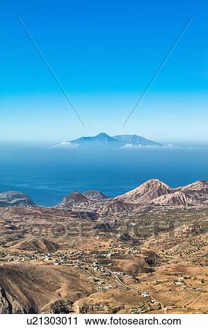 Stock Image - Elevated view of Fogo Island volcano from Serra da Malagueta, Santiago, Cape Verde, Africa. Fotosearch
