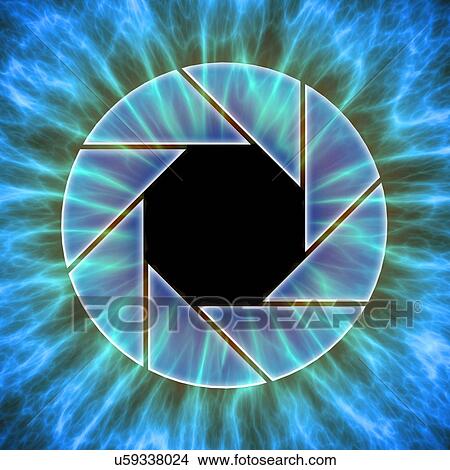 Picture - Eye. Illustration of a close-up of the iris and pupil of an eye. The iris, a coloured muscular ring, regulates the amount of light that enters the eye through the pupil (black). Overlaid is a camera diaphragm depicting an aperture opening.. Fotosearch