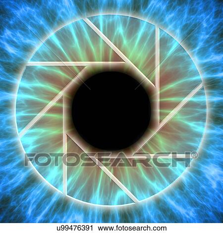 Stock Image - Eye. Illustration of a close-up of the iris and pupil of an eye. The iris, a coloured muscular ring, regulates the amount of light that enters the eye through the pupil (black). Overlaid is a camera diaphragm depicting an aperture opening.. Fotosearch