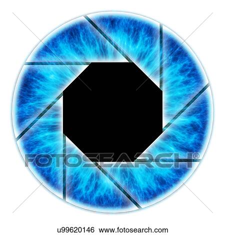Stock Photograph - Eye. Illustration of a close-up of the iris and pupil of an eye. The iris, a coloured muscular ring, regulates the amount of light that enters the eye through the pupil (black). Overlaid is a camera diaphragm depicting an aperture opening.. Fotosearch