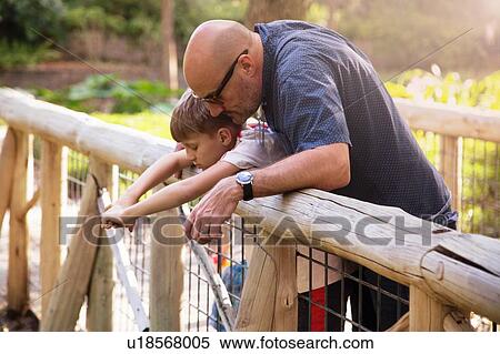Stock Photography - Father and son standing on footbridge, looking over edge at water below. Fotosearch