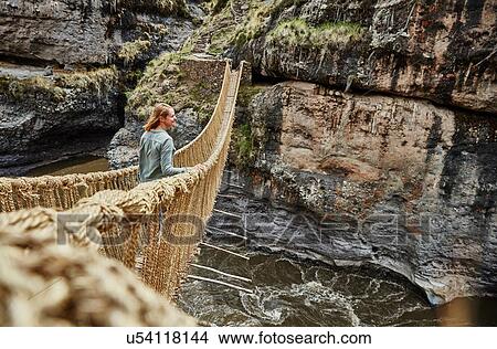 Picture - Female tourist looking out from Inca rope bridge, Huinchiri, Cusco, Peru. Fotosearch