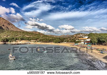 Stock Photo - Fishing boats on sea in bay, Tarrafal, Cape Verde, Africa. Fotosearch