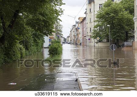 Stock Photography - Flooded street, Gera, Germany, 3rd June 2016.. Fotosearch