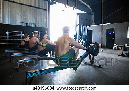 Picture - Group of people exercising in gymnasium, using rowing machines, rear view. Fotosearch