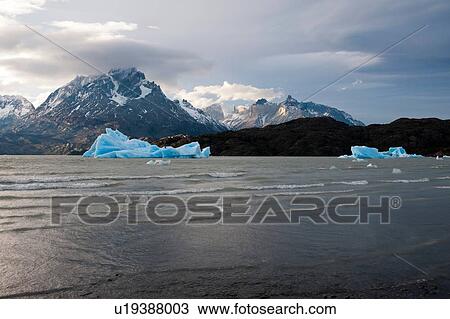 Stock Image - Icebergs on Grey Lake, Torres del Paine National Park, Patagonia, Chile. Fotosearch