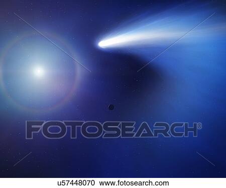 Stock Image - Illustration of a comet passing the innermost planet, Mercury, and approaching the Sun.. Fotosearch