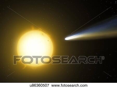 Stock Photo - Illustration of a sungrazing comet. These are comets that pass very close to the Sun at perihelion. Sometimes they can skirt above the photosphere at distances of just a few thousand kilometres - the mere diameter of a small planet. Occasionally.... Fotosearch