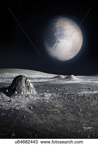 Illustration of a view of Pluto seen from the surface of its largest moon Charon. Because Pluto and Charon are tidally locked, they keep the same face towards each other at all times, as the Moon does to the Earth. So if one stood on Charon (or Pluto)... View Large Photo Image Stock Image - Illustration of a view of Pluto seen from the surface of its largest moon Charon. Because Pluto and Charon are tidally locked, they keep the same face towards each other at all times, as the Moon does to the Earth. So if one stood on Charon (or Pluto).... Fotosearch