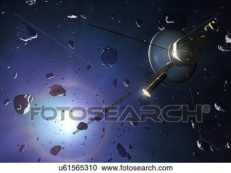 Stock Image - Illustration of a Voyager probe at the Oort cloud. The two Voyager probes were launched in late 1970s. Voyager 1 has now passed into interstellar space - beyond the influence of the Sun's magnetic field - and Voyager 2 is set to do so in the early.... Fotosearch