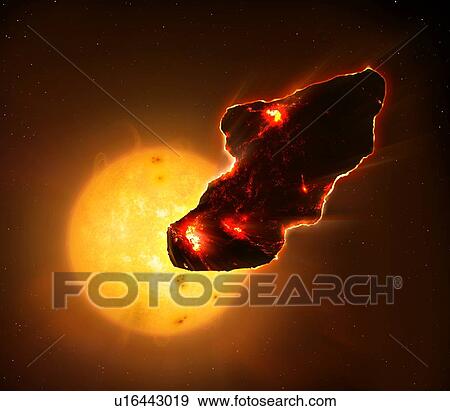 Stock Photo - Illustration of an asteroid approaching the Sun, and heating up as a result.. Fotosearch