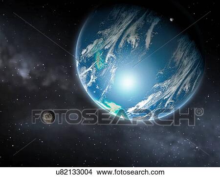 Illustration of an extrasolar planet, a planet orbiting a star other than the Sun that is somewhat like the Earth. The planet has oceans much like Earth, but is depicted with two much smaller, irregularly shaped moons. View Large Photo Image Picture - Illustration of an extrasolar planet, a planet orbiting a star other than the Sun that is somewhat like the Earth. The planet has oceans much like Earth, but is depicted with two much smaller, irregularly shaped moons.. Fotosearch