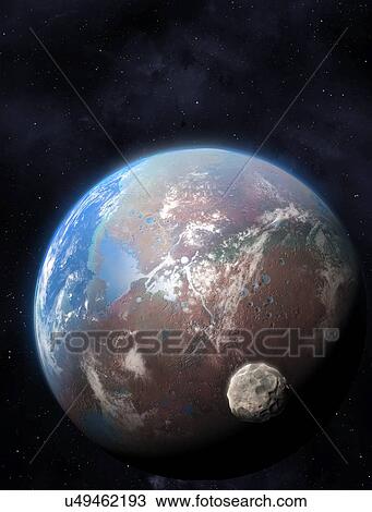 Stock Image - Illustration of an extrasolar planet, a planet orbiting a star other than the Sun, that is somewhat like the Earth. The planet has oceans much like Earth, but is depicted with a much smaller, irregularly shaped moon.. Fotosearch
