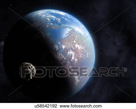 Illustration of an extrasolar planet, a planet orbiting a star other than the Sun, that is somewhat like the Earth. The planet has oceans much like Earth, but is depicted with a much smaller, irregularly shaped moon. View Large Photo Image Stock Image - Illustration of an extrasolar planet, a planet orbiting a star other than the Sun, that is somewhat like the Earth. The planet has oceans much like Earth, but is depicted with a much smaller, irregularly shaped moon.. Fotosearch
