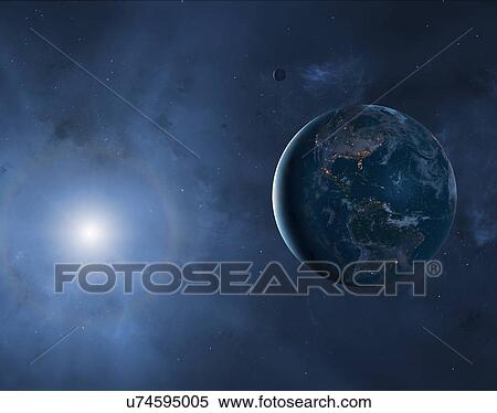 Stock Photography - Illustration of the Earth and Moon showing a large proportion of the planet in darkness. Cities are seen glistening, defining the edges of the continents. This view shows North and South America.. Fotosearch