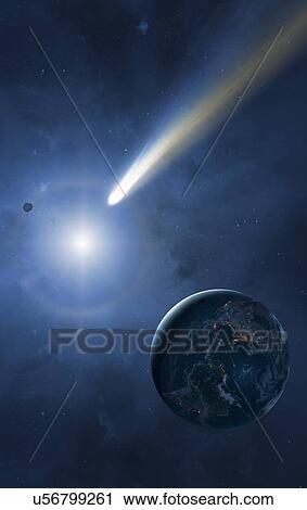 Stock Image - Illustration of the Earth, Moon and Sun showing a passing comet. Cities are seen glistening, defining the edges of the Earth's continents. Comets are balls of loosely packed 'dirty ice'. As they near the Sun, their gases sublimate and form long tails.... Fotosearch