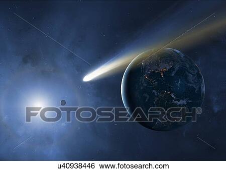 Illustration of the Earth, Moon and Sun showing a passing comet. Cities are seen glistening, defining the edges of the Earth's continents. Comets are balls of loosely packed 'dirty ice'. As they near the Sun, their gases sublimate and form long tails... View Large Photo Image Stock Photograph - Illustration of the Earth, Moon and Sun showing a passing comet. Cities are seen glistening, defining the edges of the Earth's continents. Comets are balls of loosely packed 'dirty ice'. As they near the Sun, their gases sublimate and form long tails.... Fotosearch