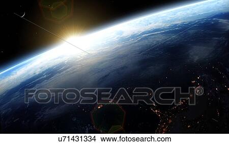 Illustration of the Sun rising over the Earth, as seen from space. The moon is seen off to the left. On the dark side of the Earth, cities can be seen illuminating the night. View Large Photo Image Picture - Illustration of the Sun rising over the Earth, as seen from space. The moon is seen off to the left. On the dark side of the Earth, cities can be seen illuminating the night.. Fotosearch