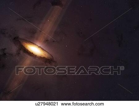 Stock Image - Illustration showing jets emanating from the poles of a young star. A dark circumstellar disc of dust is seen nearly edge-on across centre. Discs such as this are thought to be the precursors of planetary systems, with planets forming as the dust.... Fotosearch