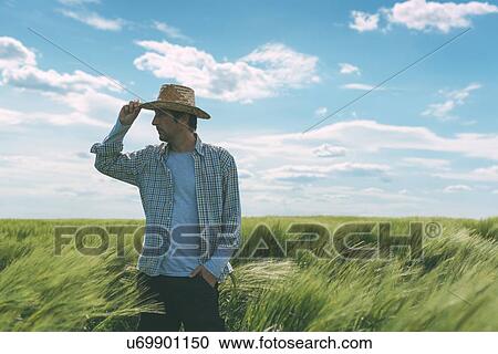 Stock Image - Male farmer walking through wheat field.. Fotosearch