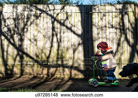 Male toddler on push scooter in sunlit park View Large Photo Image Stock Photo - Male toddler on push scooter in sunlit park. Fotosearch