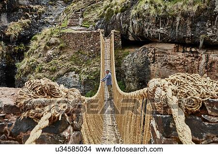 Male tourist looking out from Inca rope bridge, Huinchiri, Cusco, Peru View Large Photo Image Picture - Male tourist looking out from Inca rope bridge, Huinchiri, Cusco, Peru. Fotosearch