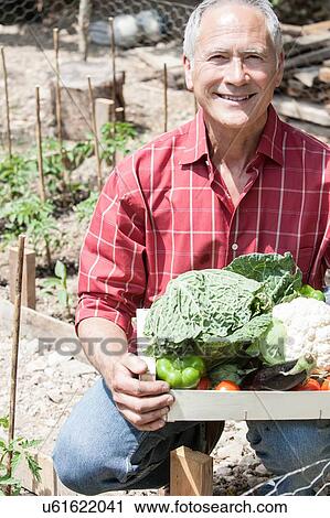 Stock Image - Man with box of homegrown vegetables. Fotosearch