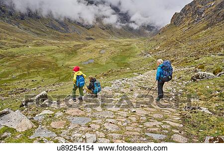 Picture - Mother and sons, trekking through landscape, Ventilla, La Paz, Bolivia, South America. Fotosearch