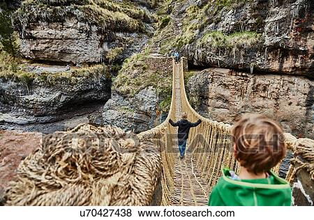 Stock Photo - Over shoulder view of boy, brother and mother crossing Inca rope bridge, Huinchiri, Cusco, Peru. Fotosearch