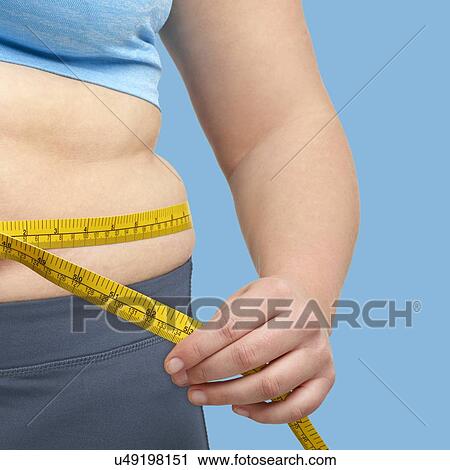 Stock Image - Overweight woman measuring her waist with a tape measure.. Fotosearch