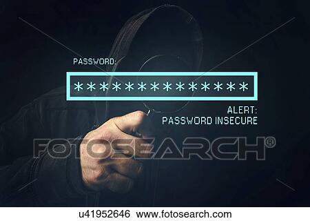 Stock Photograph - Password insecure alert, unrecognizable computer hacker.. Fotosearch