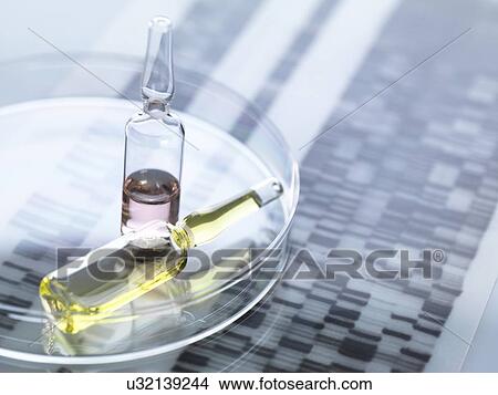 Picture - Personalised medicine, conceptual image. Variety of drugs sitting on a DNA (deoxyribonucleic acid) autoradiogram.. Fotosearch