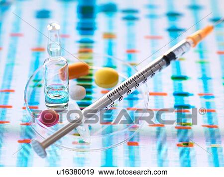 Stock Photo - Pharmaceutical research developing genetic medicine, illustrating how medicine will be designed to cure individuals health by analysing DNA. Fotosearch