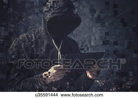 Pixelated unrecognizable hooded cyber criminal. View Large Photo Image Picture - Pixelated unrecognizable hooded cyber criminal.. Fotosearch