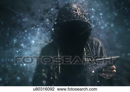 Stock Image - Pixelated unrecognizable hooded cyber criminal.. Fotosearch