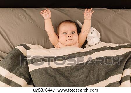 Portrait of baby girl lying in bed with arms raised, overhead view View Large Photo Image Stock Photo - Portrait of baby girl lying in bed with arms raised, overhead view. Fotosearch
