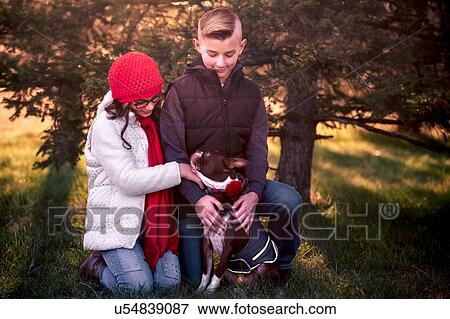 Stock Photo - Portrait of girl and boy, with boston terrier dog, outdoors. Fotosearch