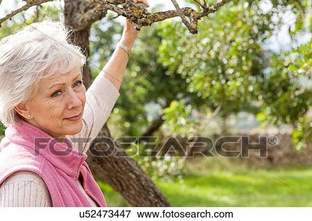 Stock Photo - Portrait of senior woman in garden, holding tree branch. Fotosearch