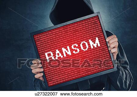 Stock Photo - Ransomware computer virus, conceptual image. hacker with monitor.. Fotosearch
